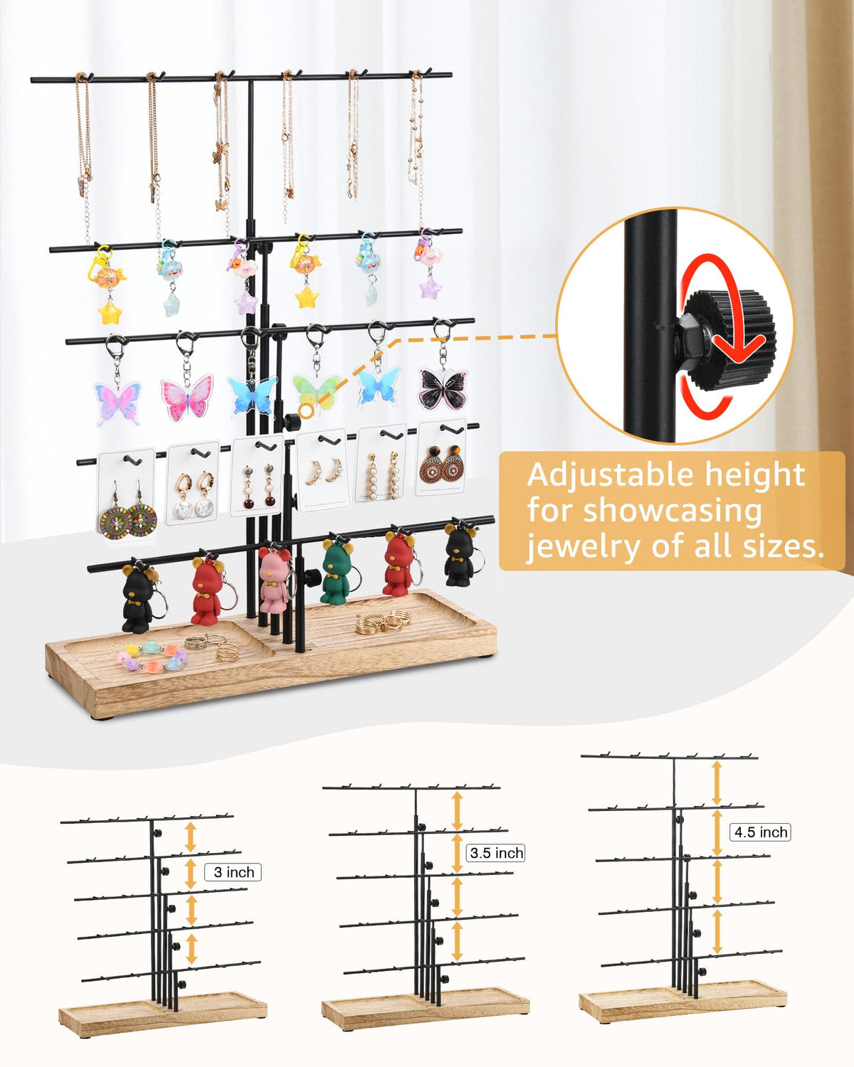 HULISEN Earring Display for Vendors, Adjustable Height Earring Display Stands for Selling, Jewelry Display for Earrings Card, Earrings Rack Display Holder with Tray, 30 Hooks, Carbonized Brown