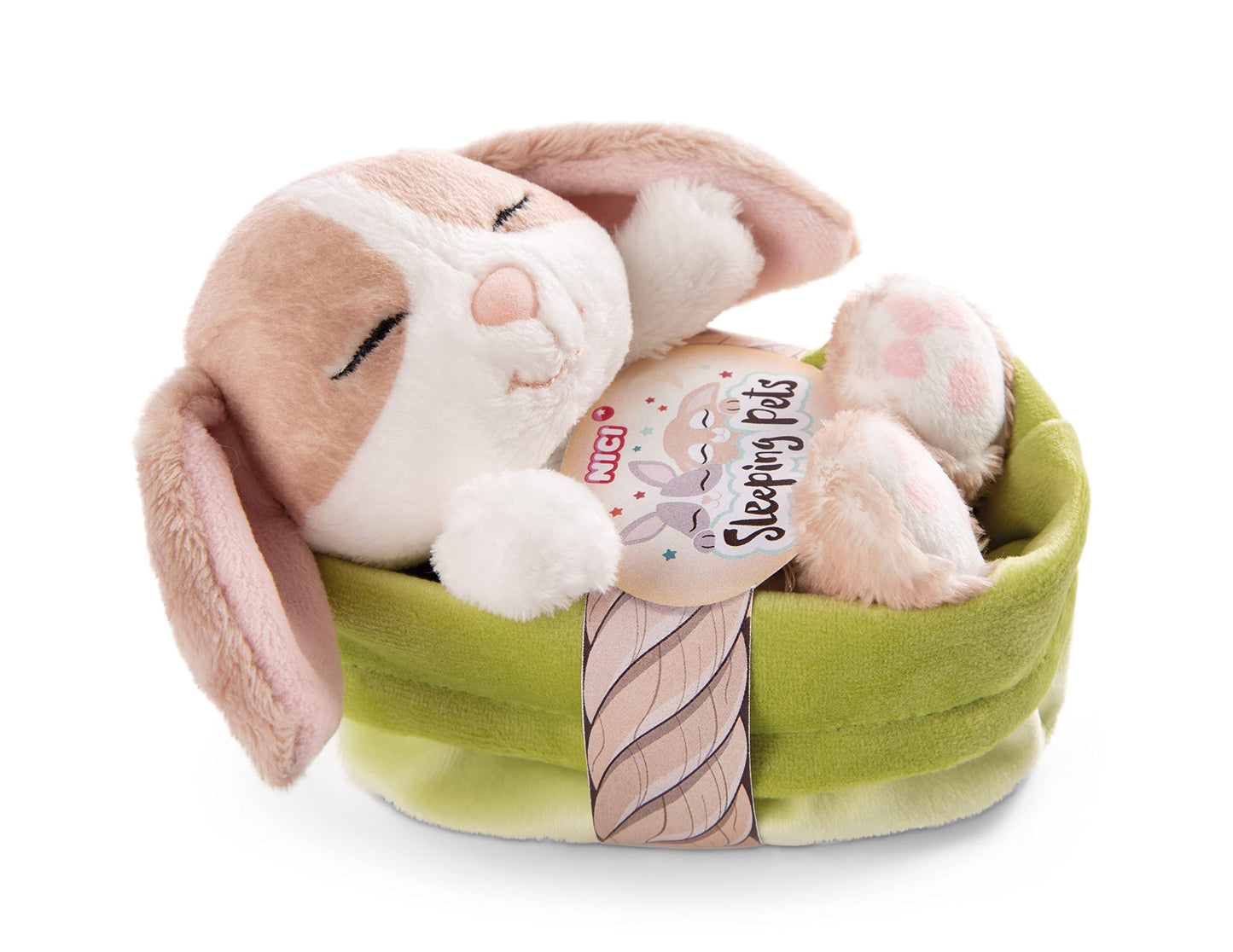 NICI Soft Toy Sleeping Pets Bunny cappuccino in green basket 12cm