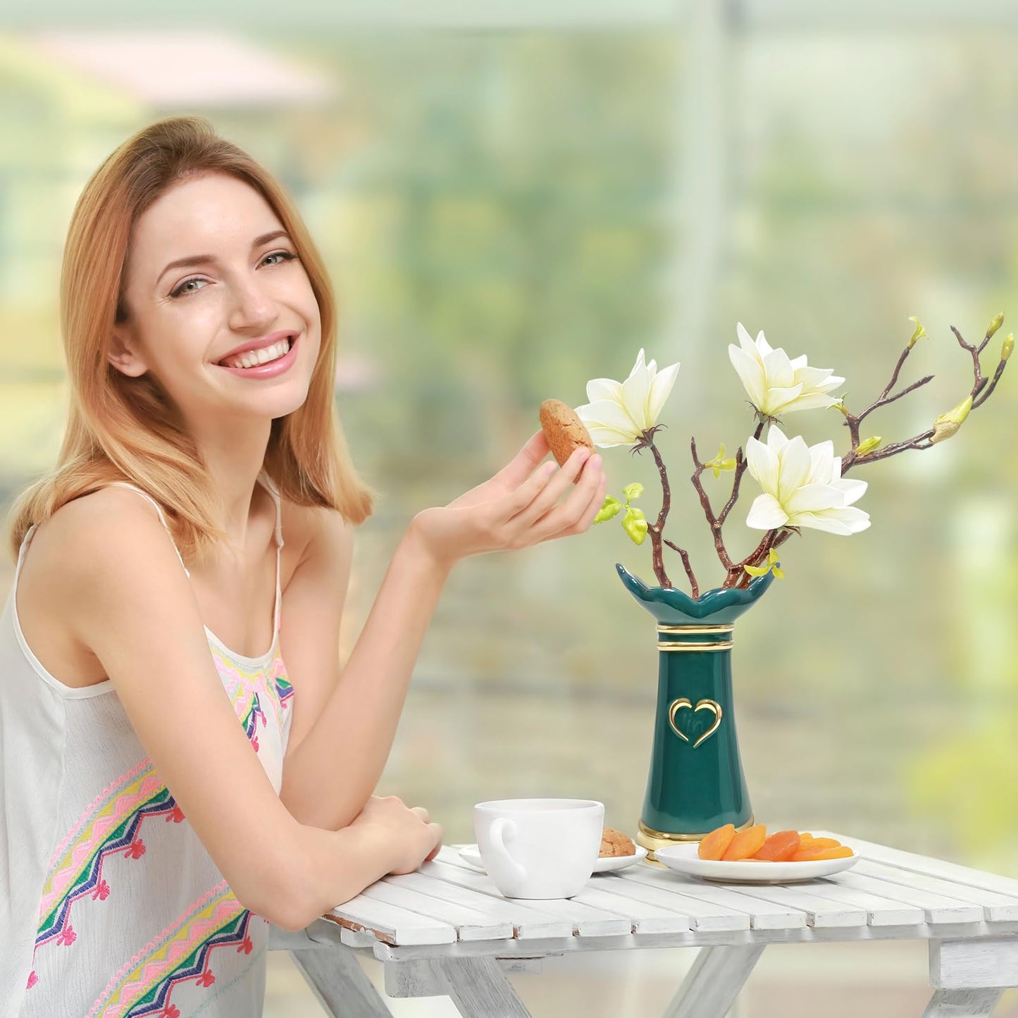 LoveLin,Artificial Flowers with Ceramic Vases,Faux Flower Arrangement,Affordable Luxury Artwork,Housewarming New Year Xmas Gift,Home Decor (White/Dark Green)