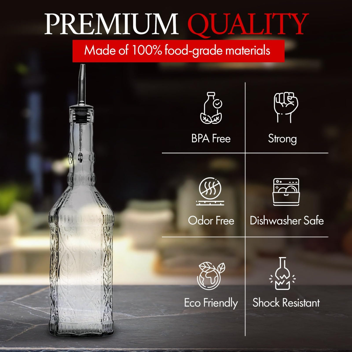 BULK PARADISE Large Clear Decorative Glass Bottle with Spout and Cork, 32oz, 1 Bottle - Design: VINO (3in X 11.9in)
