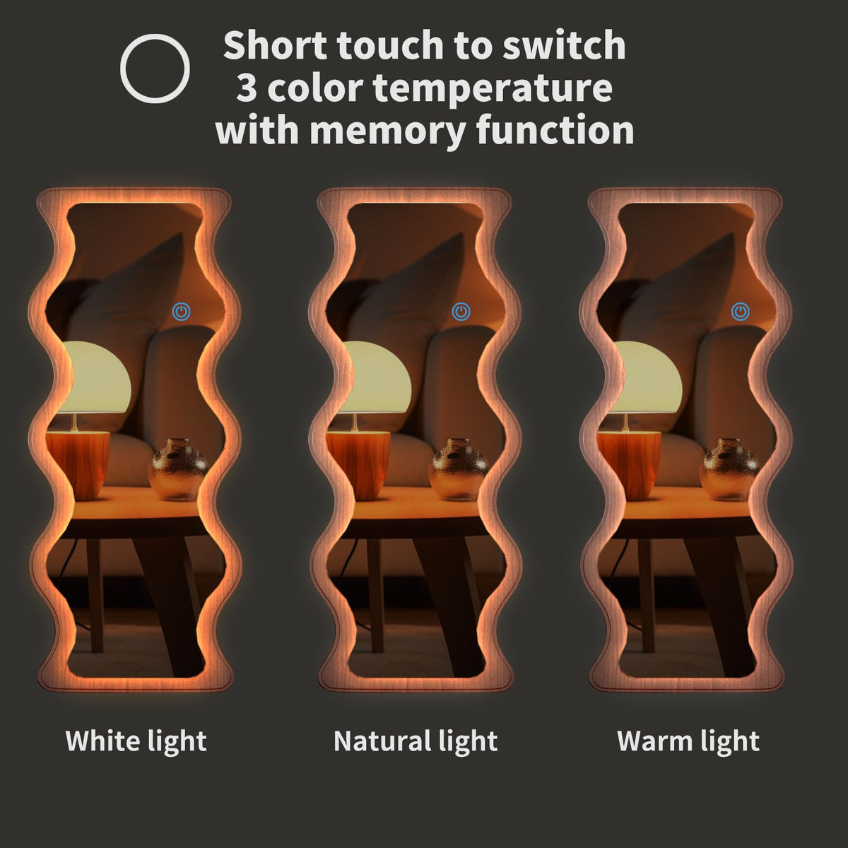 osemy 65"x 24" Irregular Wavy LED Full Length Mirror with Lights Wood Frame Full Body Mirror, Free Standing/Wall Mounted/Leaning for Dressing Bedroom Living Room Walnut Brown
