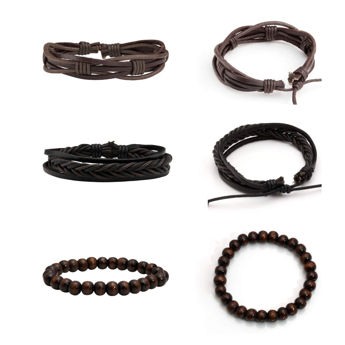 MILAKOO 6 Pcs Brown Braided Leather Bracelets for Men Women Cuff Wrap Wristbands