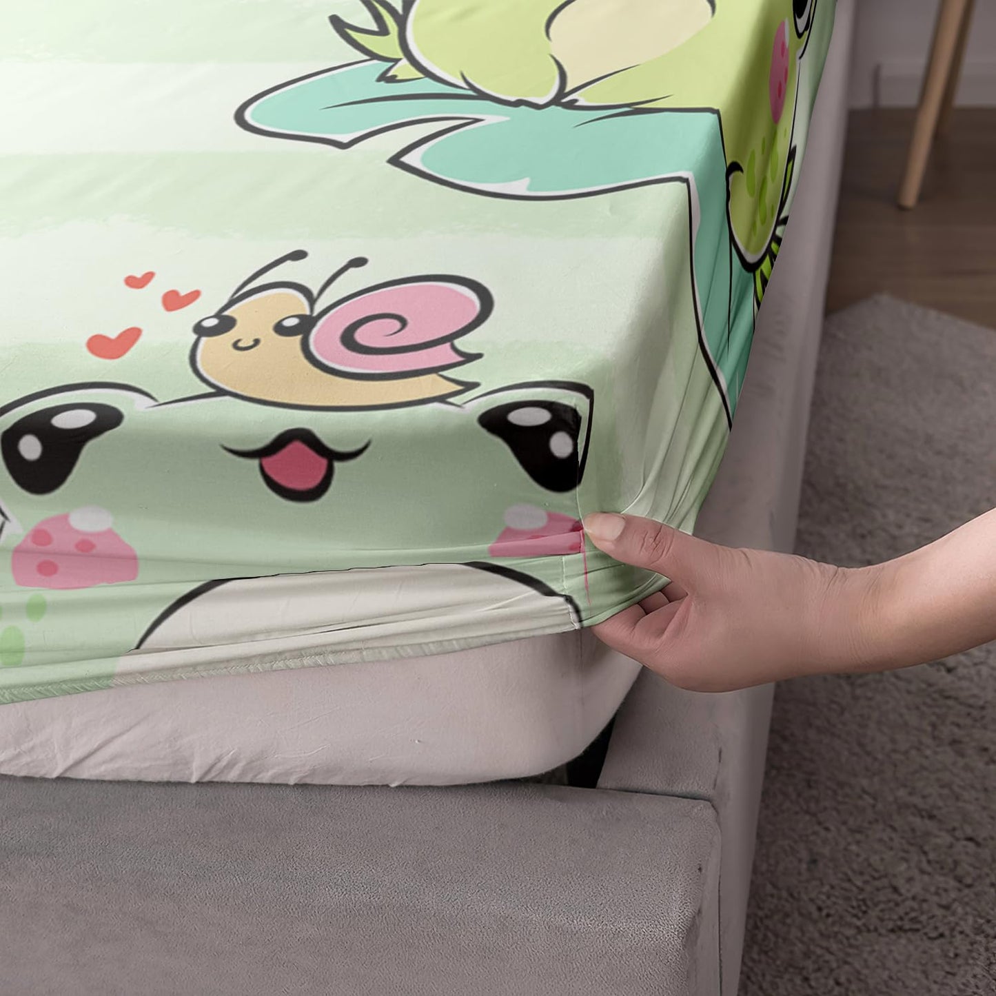 AILONEN Cartoon Frog Fitted Sheet Set - Twin Size, Animal Frog Bed Sheet Set, Boys Girls Sheet Set, Green Stripe Sheet Set - 1 Fitted Sheet and 2 Pillowcases