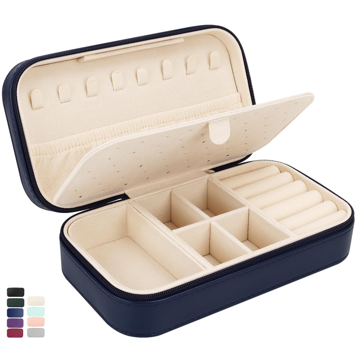 DesignSter Travel Jewelry Box, PU Leather Portable Jewelry Case, Small Jewelry Boxes for Gifts, Travel Jewelry Organizer for Women Rings Earrings Necklaces Bracelets (Dark Blue)