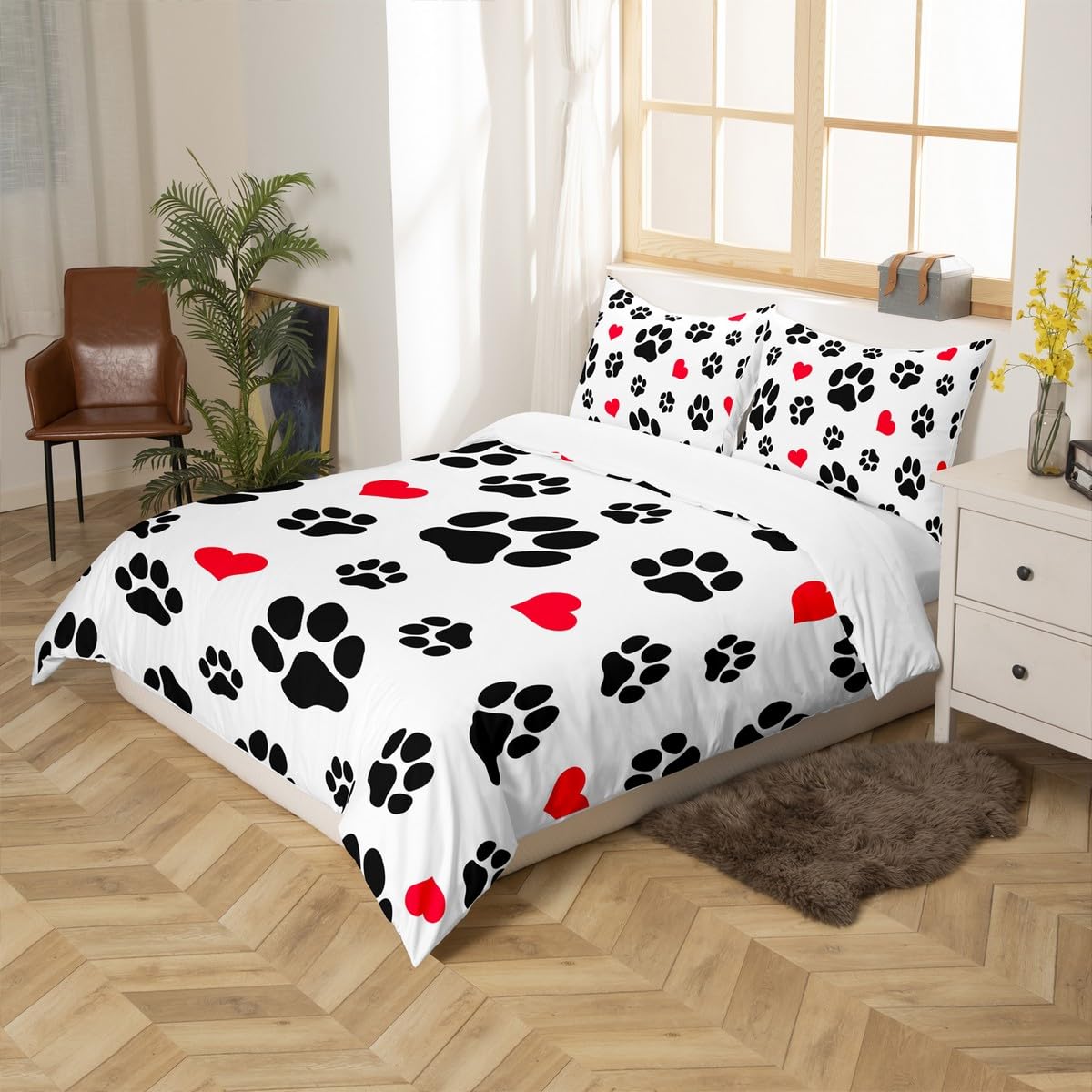 Homewish Black Footprints Duvet Cover Set Dog Paw Cat Paw Heart Love Puppy Feet Print Bedding Set 3pcs Fashion Comforter Cover Microfiber Bedspread Cover with 2 Pillow Cases(No Comforter) Queen Size
