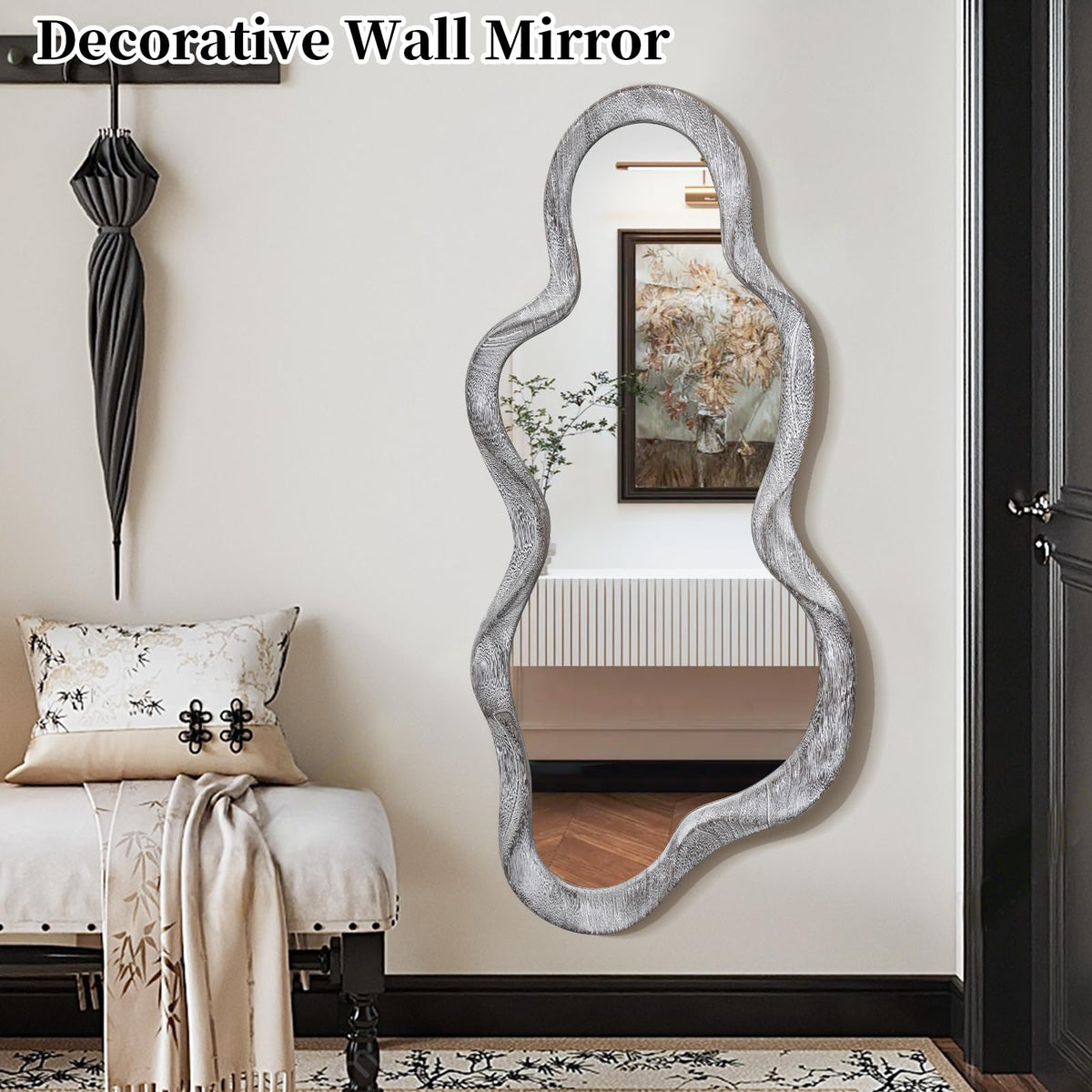 Lzuso Irregular Wooden Framed Wall Mirror Modern Asymmetrical Unique Hanging Mirror Artistic Unique Cloud Shape Wall Decor Bathroom Vanity Bedroom Living Room Entryway Hallway Large 47" x 22"