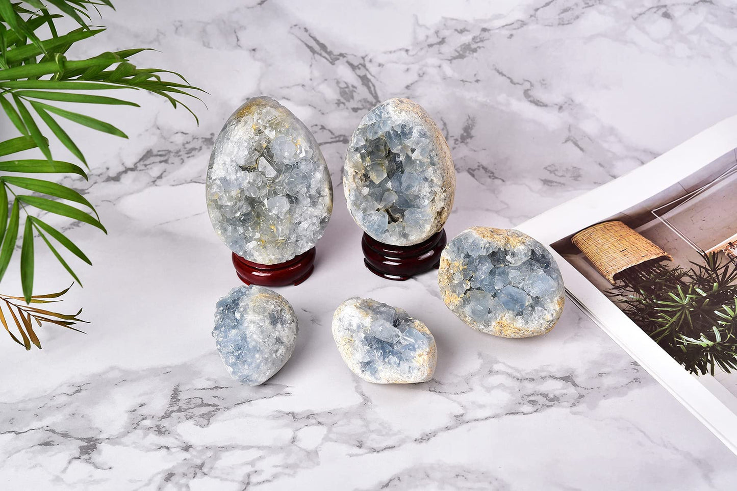 AMOYSTONE Egg-Shape Gemstones Healing Crystals Blue Celestite Cluster Geode Egg 2.5-3", for Healing Reiki Home Decors, Easter Egg