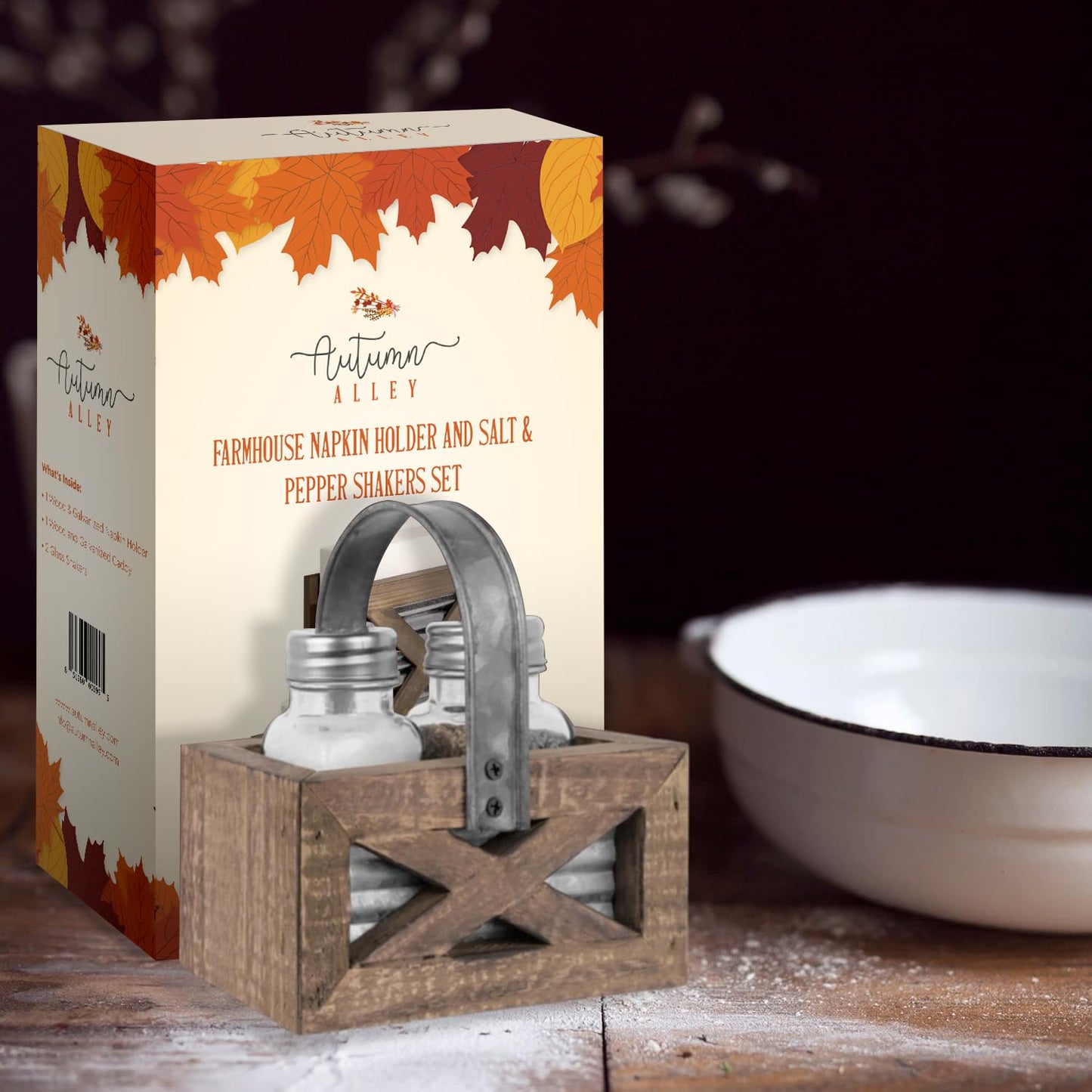 Autumn Alley Farmhouse Napkin Holder and Adorable Farmhouse Salt and Pepper Shakers Set With Wood Holder - Western Kitchen, Galvanized Metal - Upright Rustic Napkin Holder Rustic Kitchen Décor (Brown)