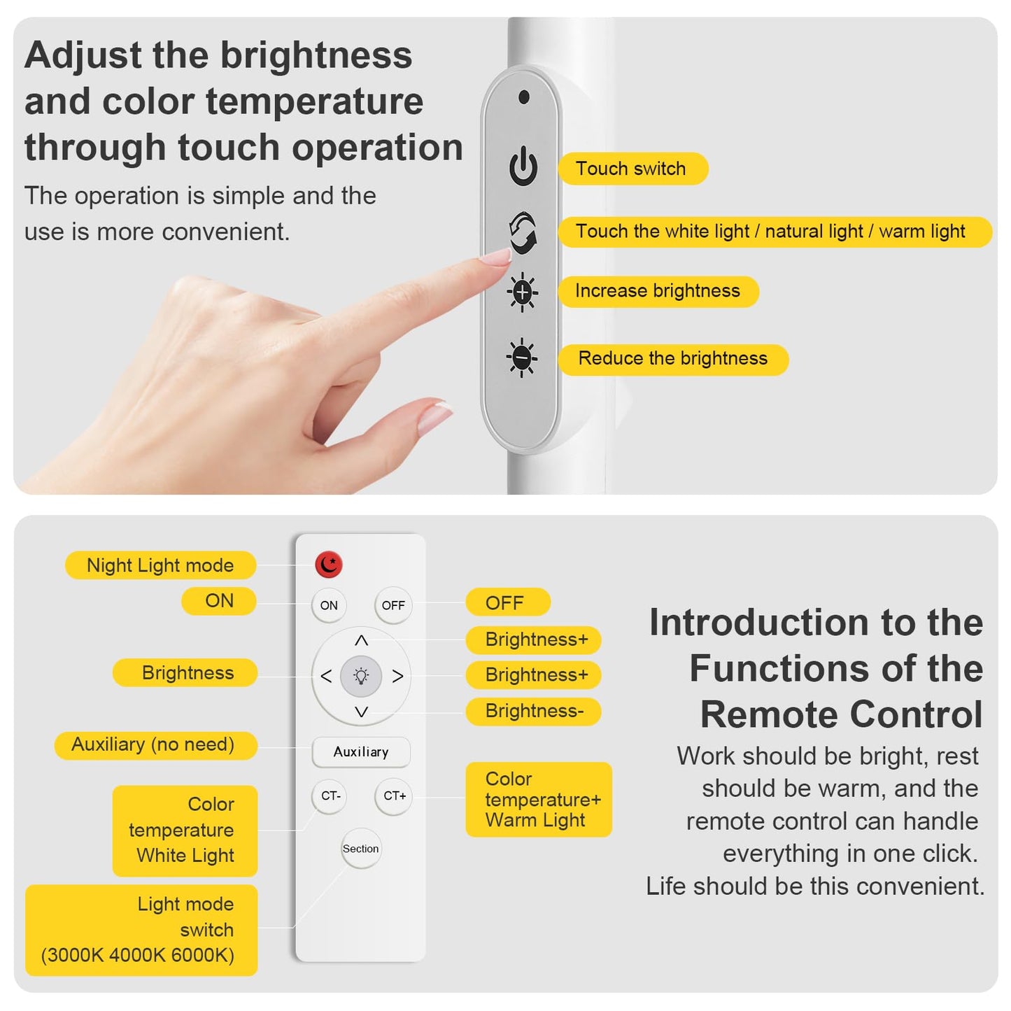 Bright LED Eye-Protecting Reading Floor Lamps with Touch and Remote Dimming 3000-6000k for Eyelash Manicure Craft Drawing Makeup Living Room Bedroom Office, Adjustable Gooseneck Modern Standing Light