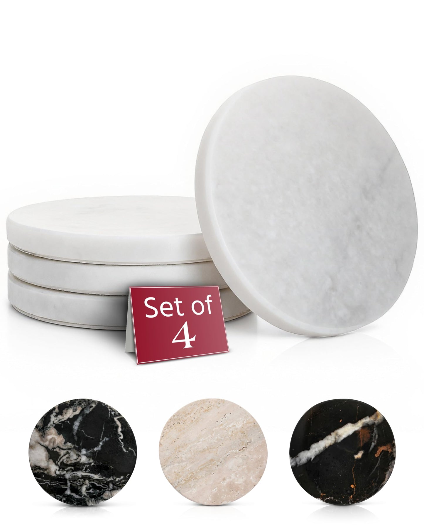 Gusto Nostro White Marble Coasters Set of 4 - Luxury Natural Stone Coasters for Drinks - Genuine Marble Kitchen Accessories, Round Artisanal Stone Coaster for Kitchen Counter, Coffee Table, Home Decor