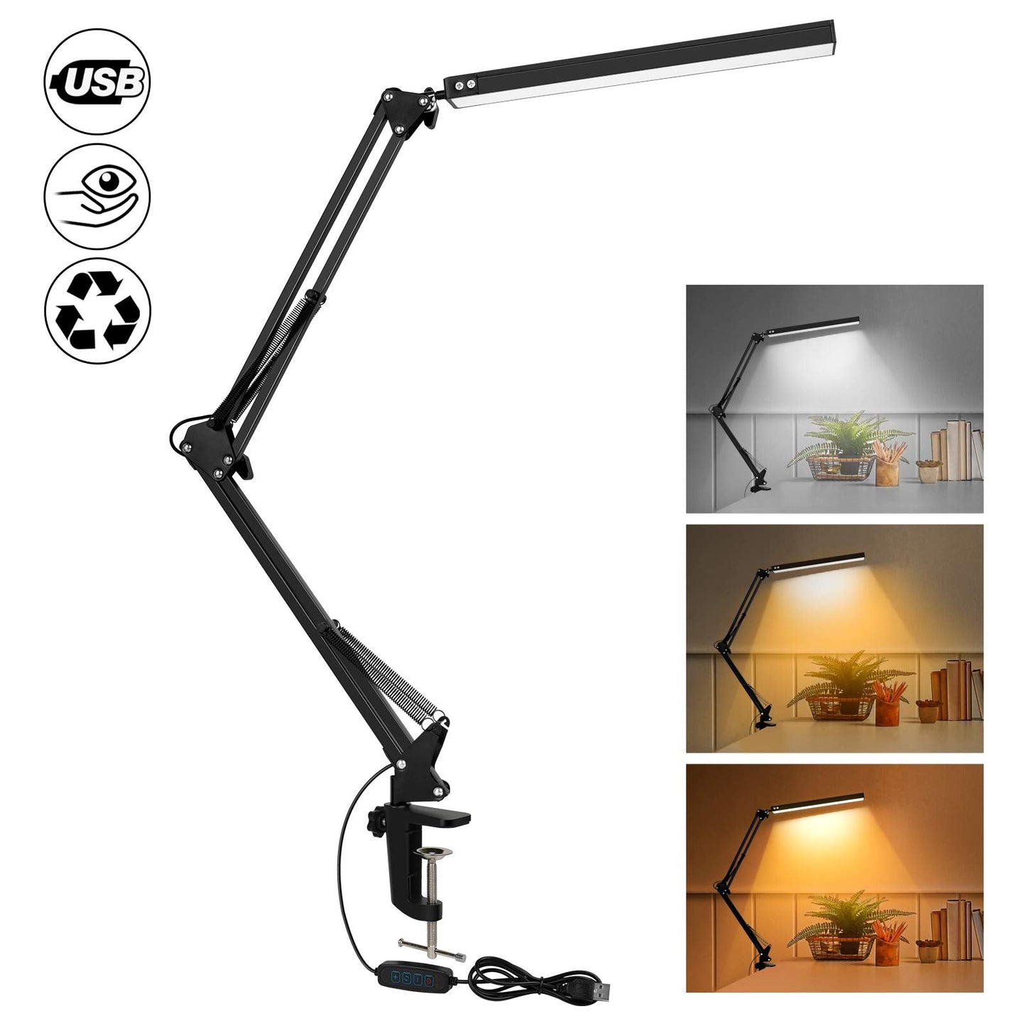 SKYLEO LED Desk Lamp with Clamp - LED Desk Light for Office - 3 Color Modes X 10 Brightness Levels - 1100LM - Memory Function - 12W Study Lamp - Black