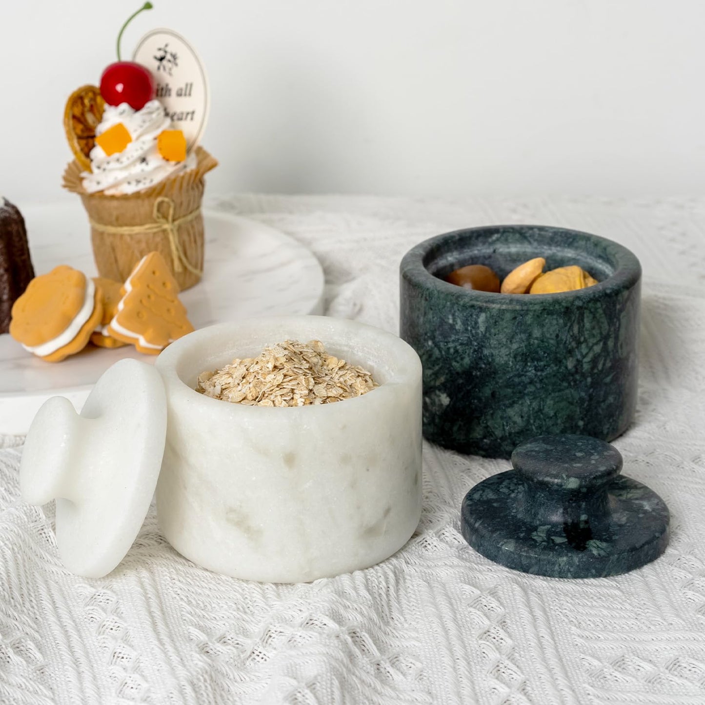 Koville Marble Salt Cellar White and Green Salt Holder with Lid for Kitchen Table Décor, Elegant Modern Handcrafted Seasoning Container for Countertop, Salt and Pepper Holder & Coffee Beans Storage