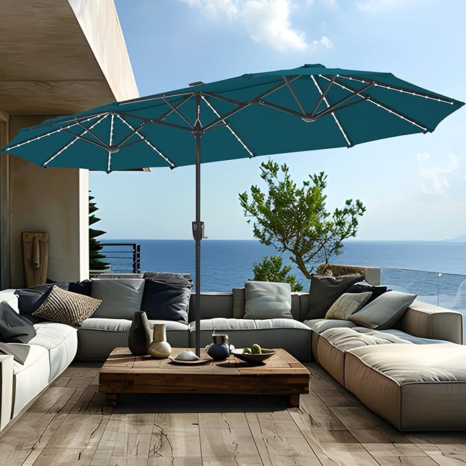 PHI VILLA 13ft Patio Umbrella with Solar-Powered 120 PCS LED Color-Changing Lights, Triple-Head Large Rectangle Umbrella Outdoor Patio for Table with Crank Lift,Cyan(No Base)