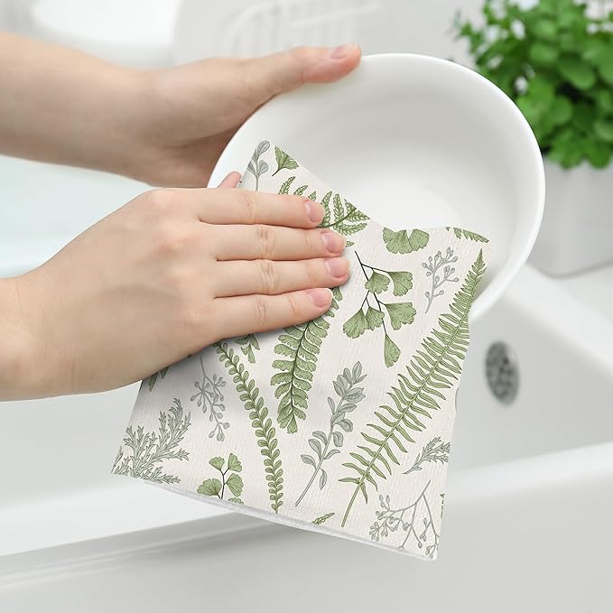 Cute Botanic Dish Towels for Drying Dishes, Absorbent Decorative Sage Green