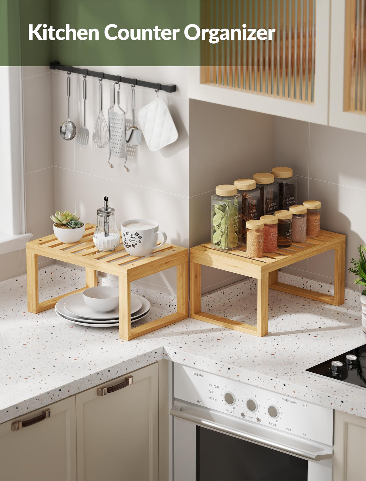 Tomorotec Bamboo Cabinet Shelf, 2 Pcs Kitchen Counter Shelf, Space-Saving Cabinet Organizer for Kitchen, Bathroom and Desk, Multifunctional Storage Rack for Spices, Cans, Toiletries and Stationery