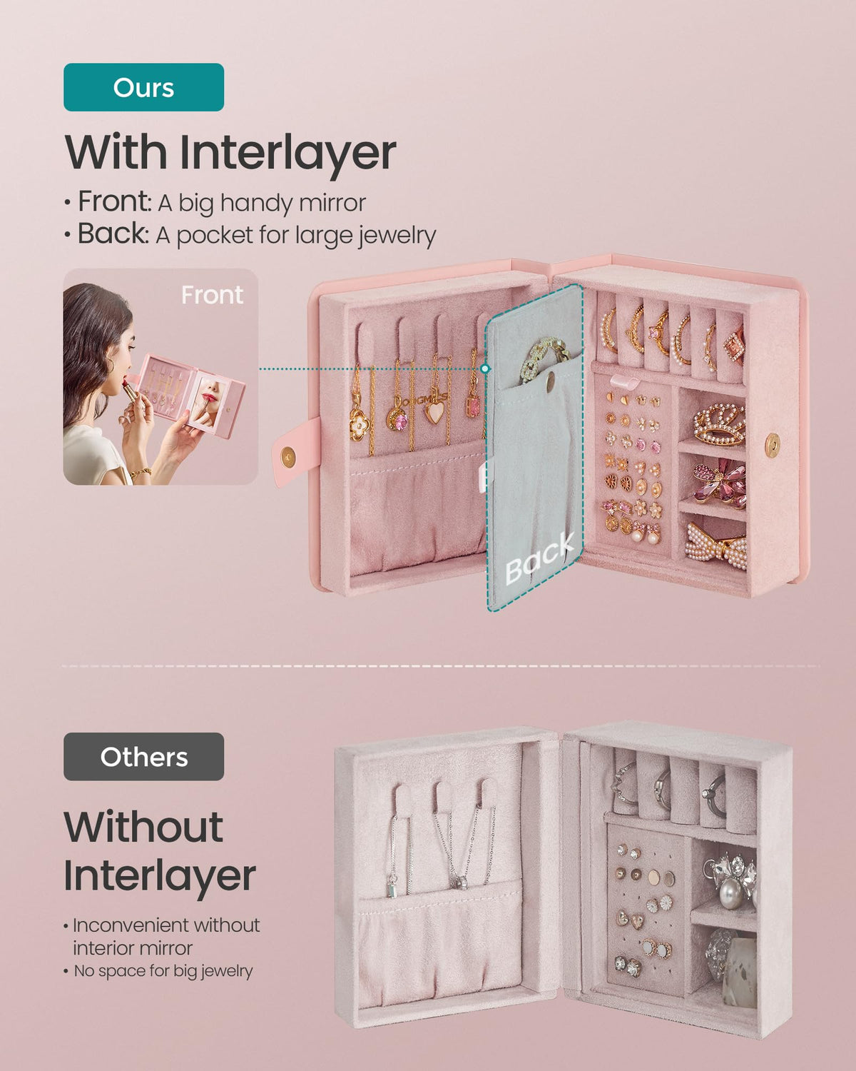 SONGMICS Jewelry Box Organizer with Mirror, Travel Jewelry Case with Pocket for Bracelet, Interlayer, 4.6 x 5.2 x 2.8 Inches, Portable, Book Design, Faux Suede Lining, Gift Idea, Jelly Pink UJBC189R01