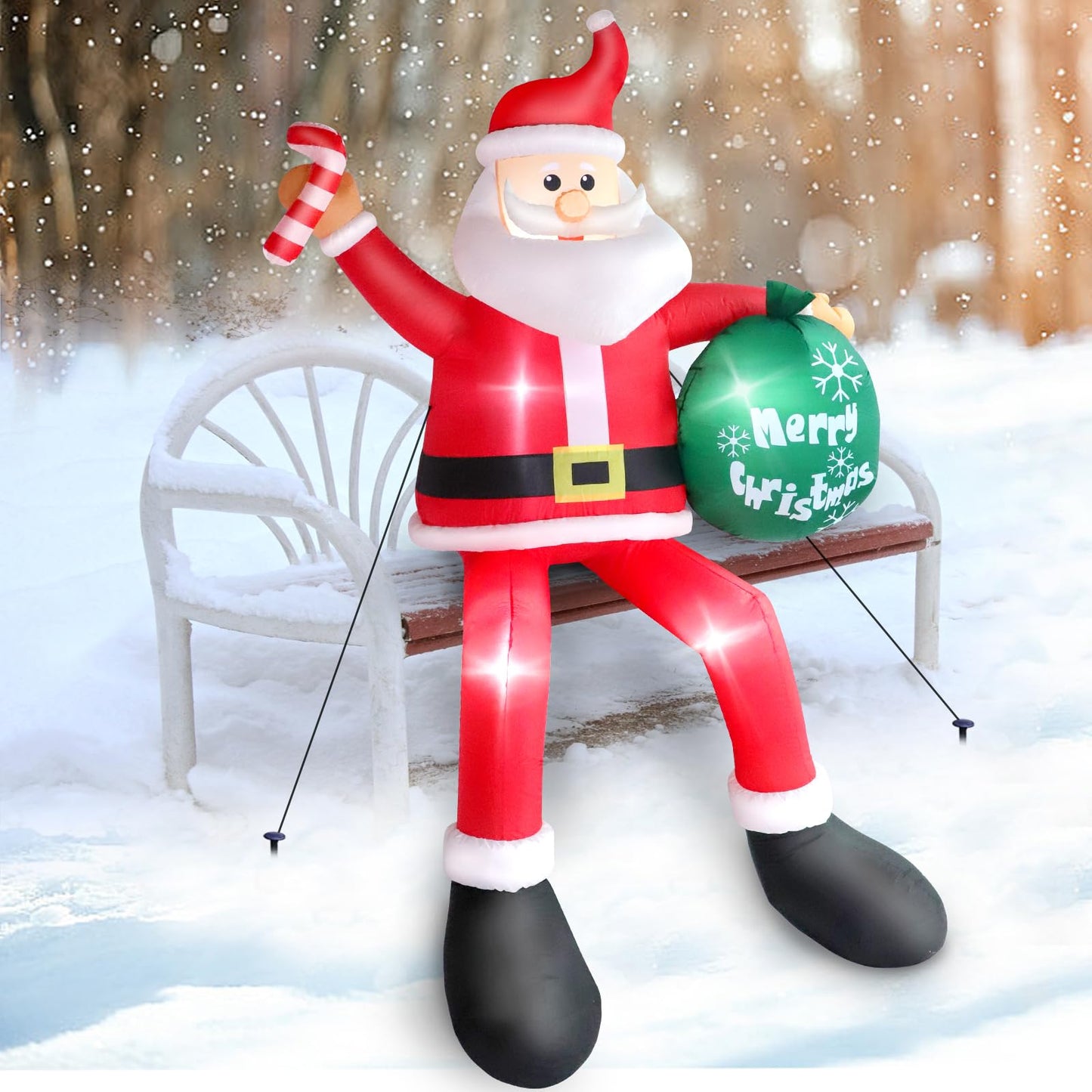8 FT Christmas Inflatable Santa Claus Outdoor Decorations, Blow up Sitting Santa Claus with Gift Bag, Climbing Santa Carrying Present Sack Sitting on Roof, Xmas Yard Patio Bench Shrubs Indoor Decor
