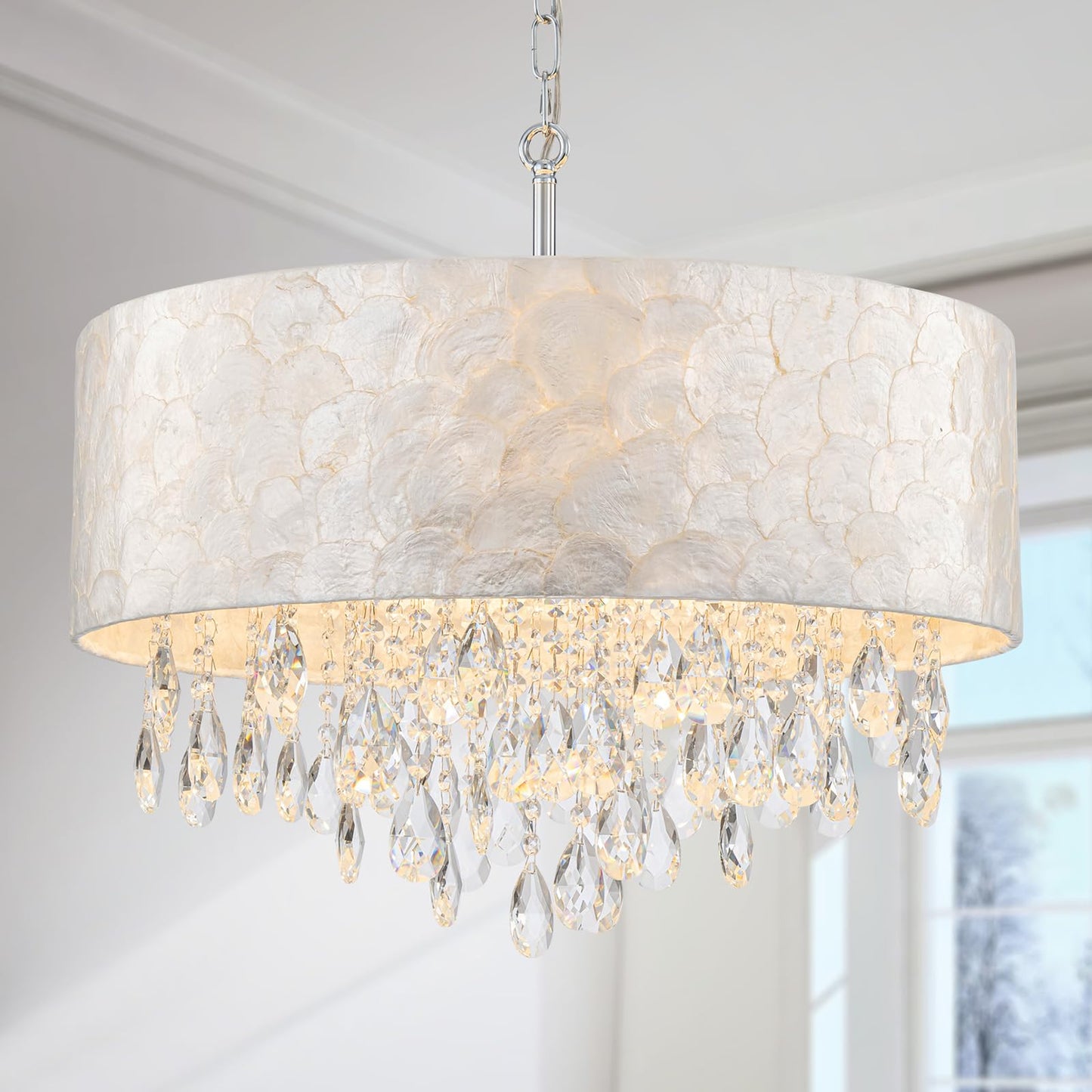 LumFurn X-Large D24in Drum Capiz Shell Crystal Chandeliers, 6-Light Coastal Style Light Fixture for Dining Room, Living Room, D24xH23~71in(Adjustable), K9 Crystal, Shell Lampshade & Chrome Finish