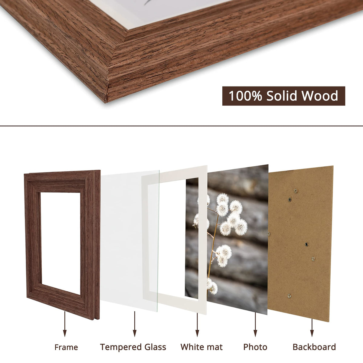 GraduationMall 8x10 Wooden Picture Frames,Display Photos 5x7 with Mat or 8x10 Without Mat,Real Glass,Wall or Tabletop Display,Rustic Brown Set of 2