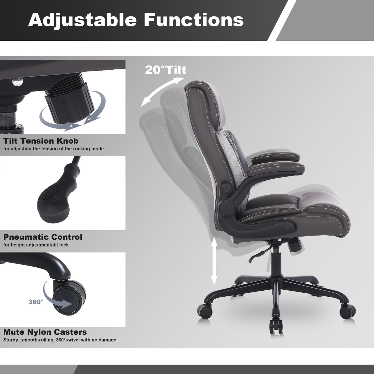 Youhauchair Executive Office Chair, Ergonomic PU Leather Computer Desk Chair with Lumbar Support, Flip-up Armrests and Adjustable Height, for Home Office, Brown