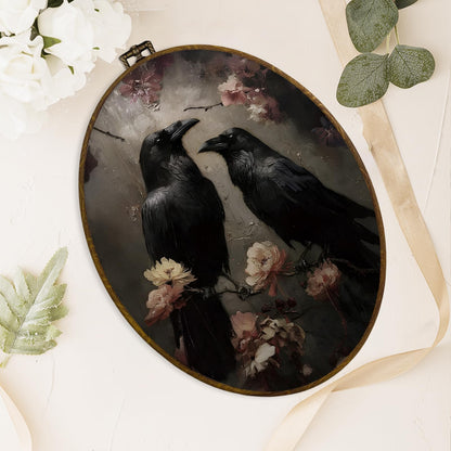 dvhdajed Dark Witchy Black Crow Oval Wall Art Decor, Moody Romantic Raven Couple Framed Canvas Art, Gothic Academia Black Crow Wall Hanging Decor for Gallery Bathroom Living Room, 8.7x11.3