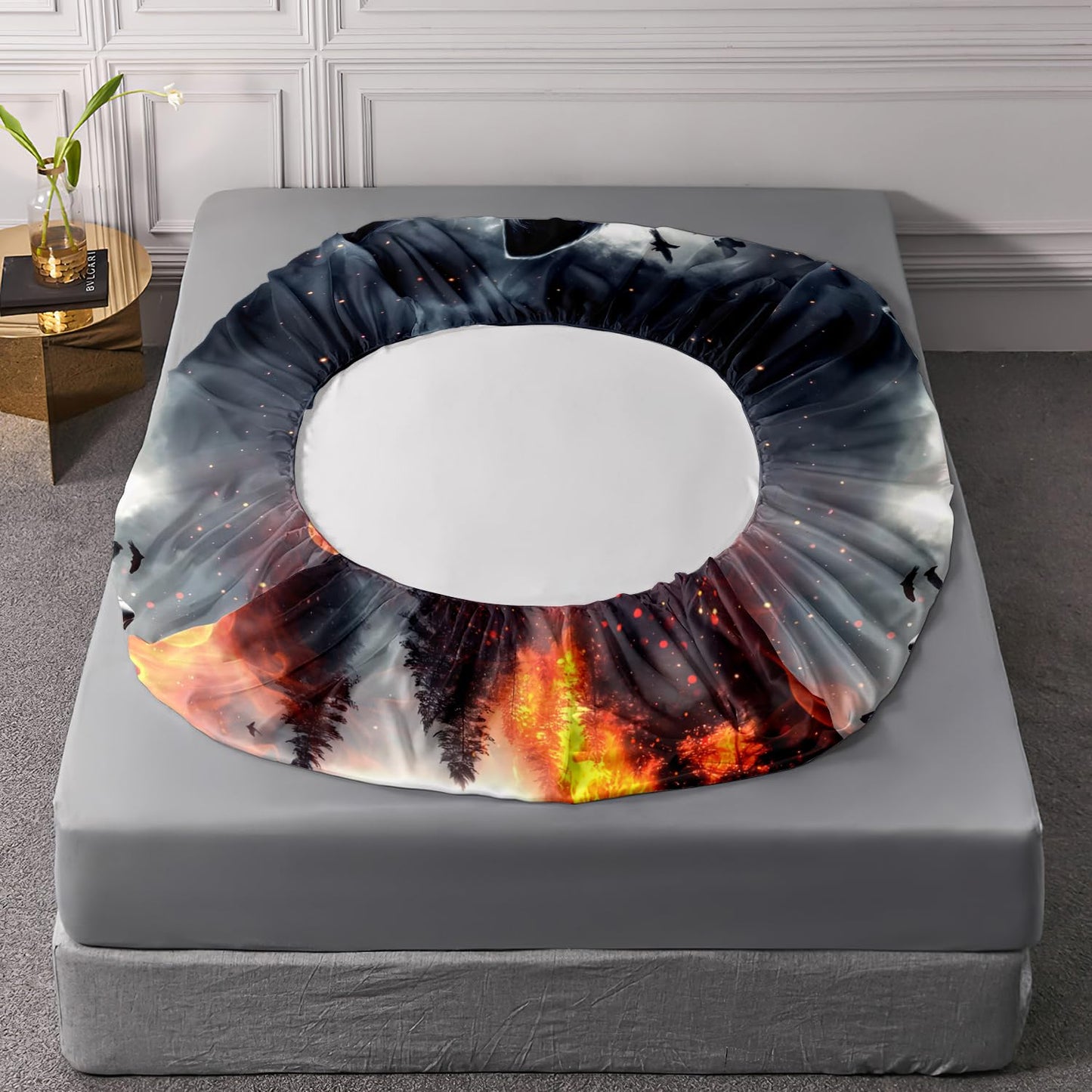 HOSIMA Wolf Twin Bedding Sets for Kids,Wolf Surrounded by Fire Print Lightweight Fitted Sheet,Animal Themed Forest Wildlife Bedding Sets for Boys Room Decor,1 Fitted Sheet+2 Pillowcases.