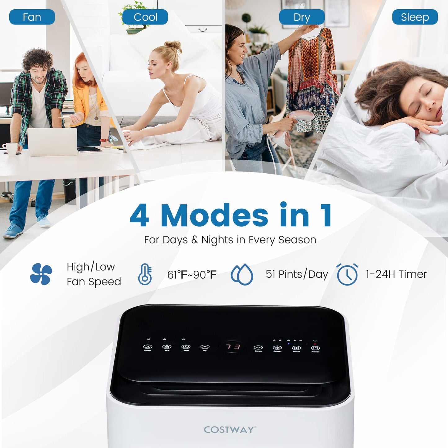 COSTWAY Portable Air Conditioner, 10000 BTU AC Unit with Cool, Fan, Dehumidifier & Sleep Mode for Rooms up to 350 Sq.Ft, with 24H Timer, Child Lock, Remote Control & Window Kit (White and Black)