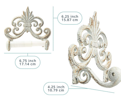 Comfify Fleur De Lis Cast Iron Toilet Paper Holder – Wall Mounted Tissue Dispenser – European Vintage Design – 7.28" x 6.29" x 3.74" – Includes Screws and Anchors – Antique White
