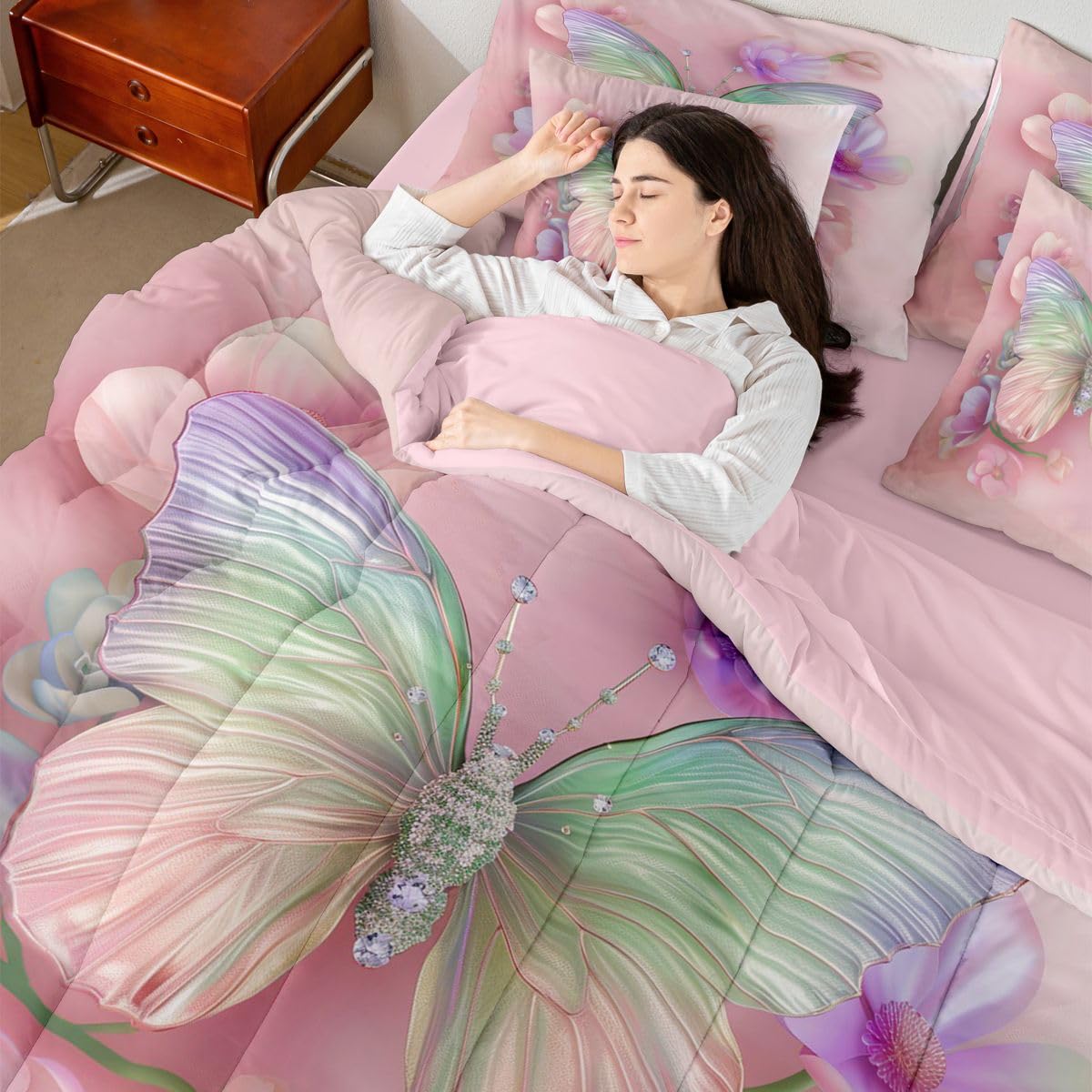Erosebridal Watercolor Butterfly 7 Piece Bedding Set Twin Dreamy Flower Comforter Set with Sheets Pink Purple Ombre Bed in a Bag Rainbow Colorful Butterflies Bed Sets Comforter