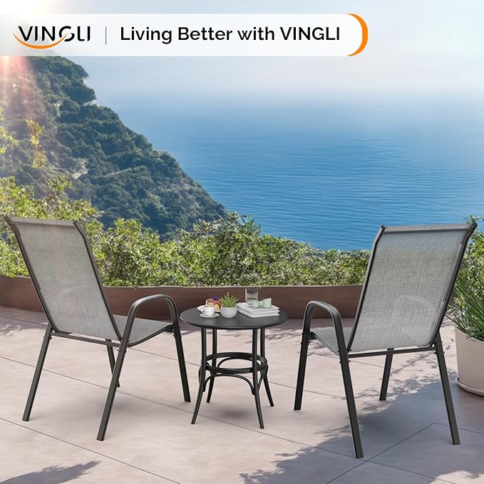 VINGLI Patio Chairs Set of 8 – Stackable Outdoor Dining Chairs with Comfortable Sling High Back Chairs and Armrests for Lawn, Poolside, Courtyard, Balcony, Garden, Silver Gray
