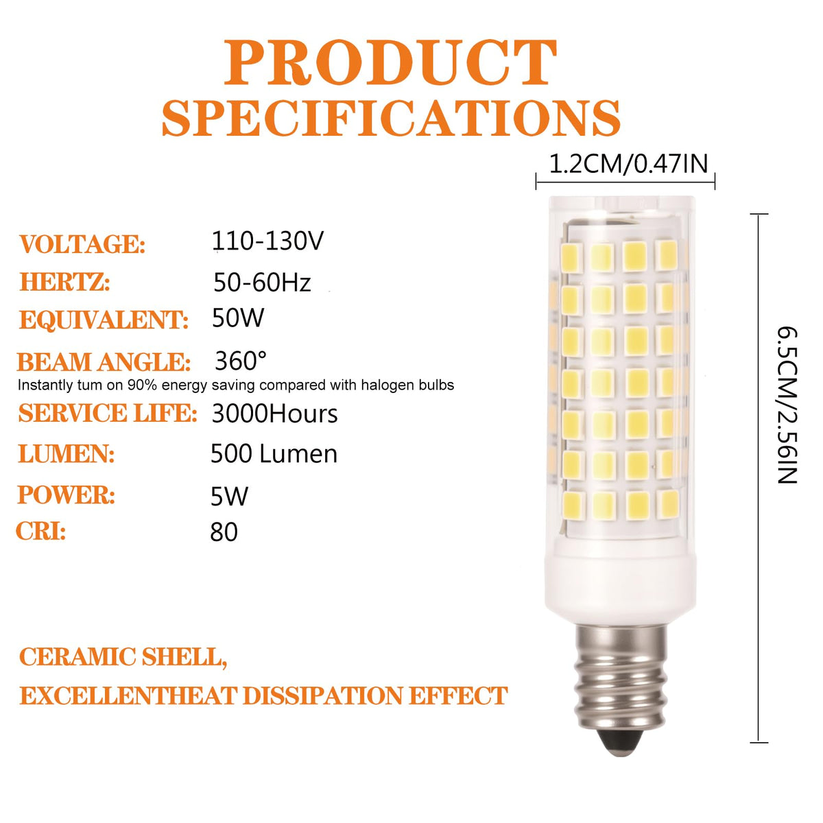 E12 LED Bulb Himalayan Salt Lamp 5W, Equivalent 50W Halogen, 500lm AC120V S6 C7 E12 Candelabra Base for Night Light Chandeliers Christmas Light Candle Lamp Dryer Bulbs, 2 Pack (3000K Warm White)