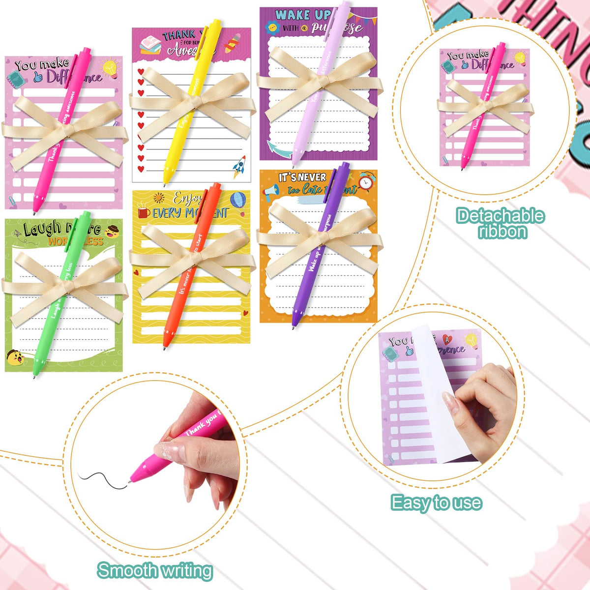 Yeaqee 12 Set Employee Appreciation Gifts 12 Empowering Sticky Notepads 12 Pens 12 Ribbons Motivational Sticky Notes Inspirational Pens for Office Supplies(Motivational)