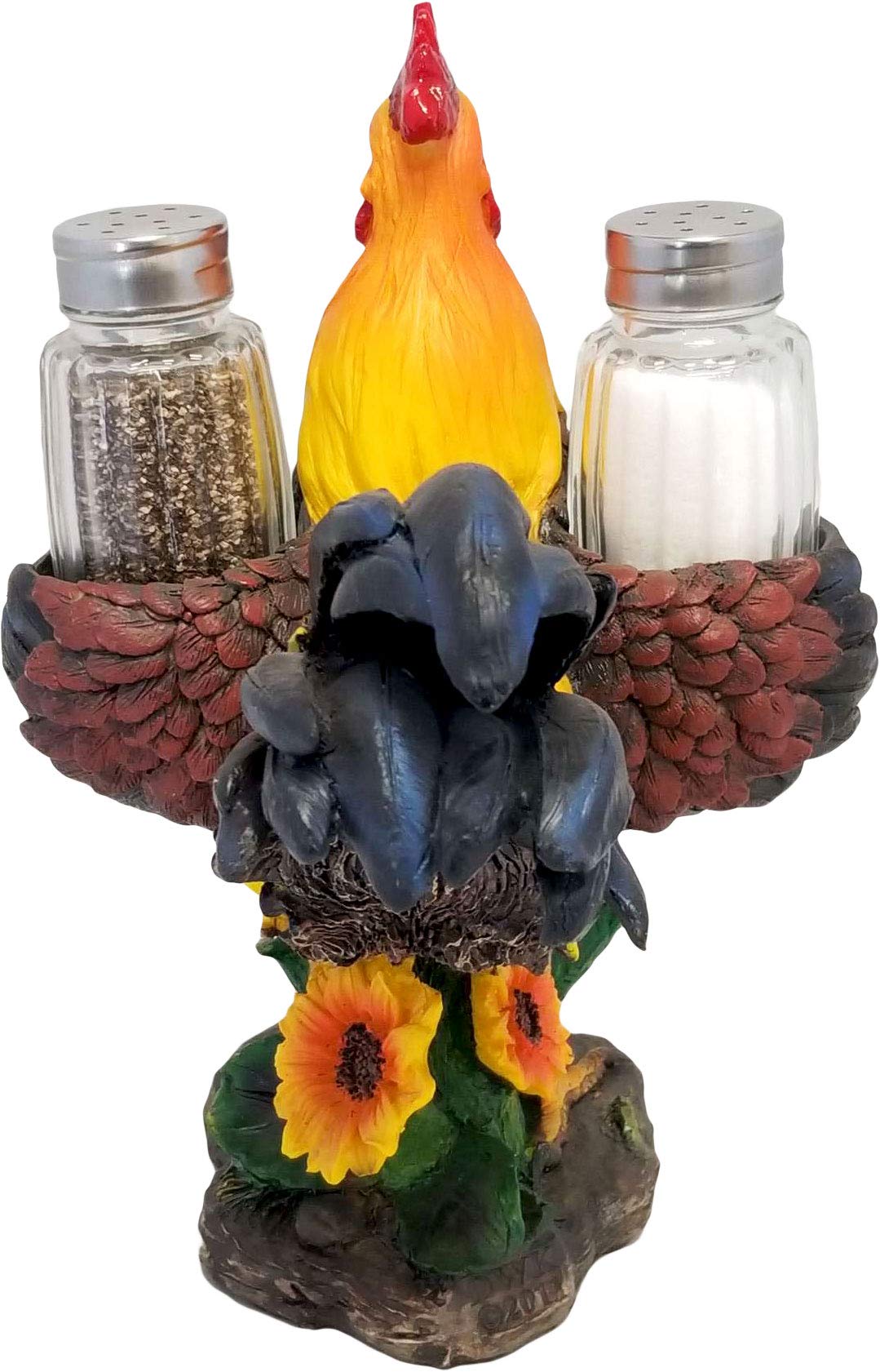 DWK 8-inch Spice to Crow About Country Rooster Salt and Pepper Shaker Figurine Display Holder Kitchen and Dining 3-Piece Set