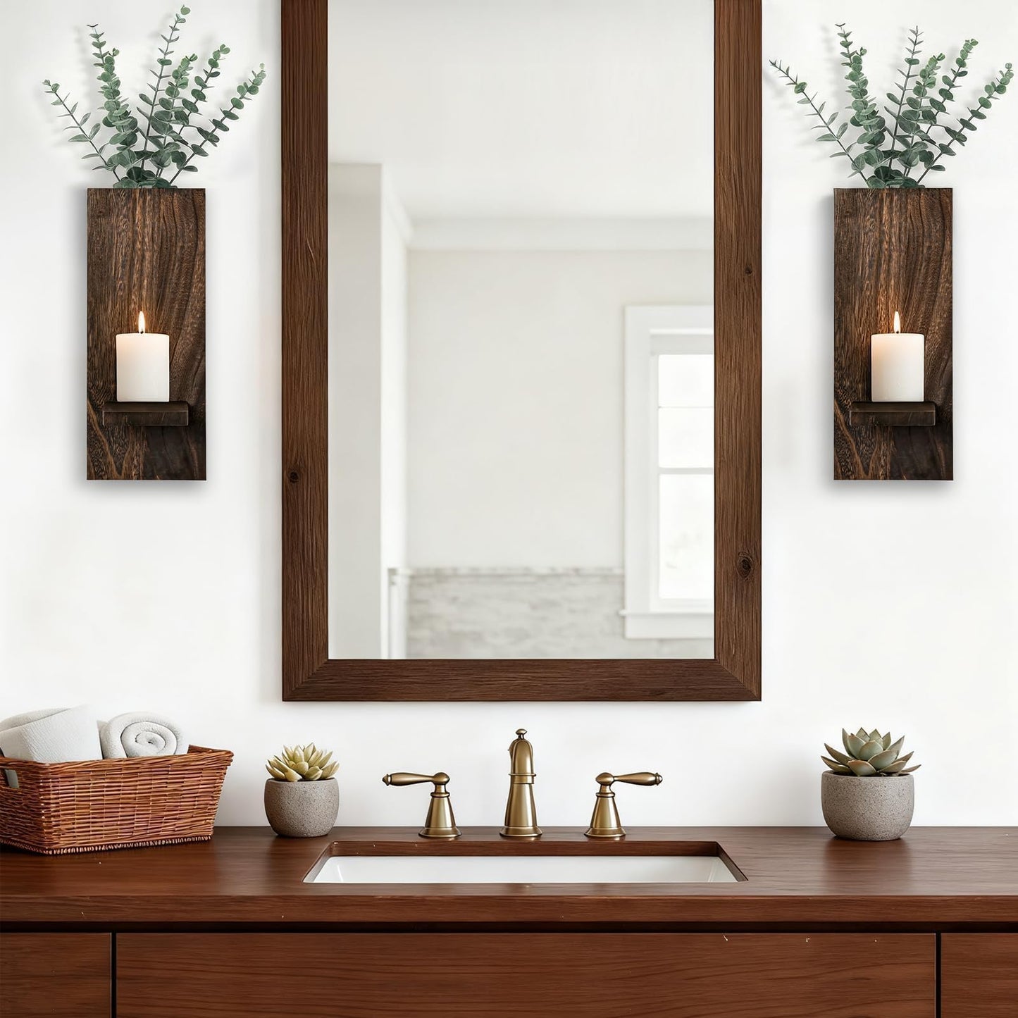Treory Wood Wall Planter Set of 2, Wooden Wall-Mounted Vase with Shelf for Plants & Candles, Farmhouse Hanging Wall Decor for Living Room, Bedroom, Bathroom, Entryway, Narrow Spaces, 13.8" x 5"