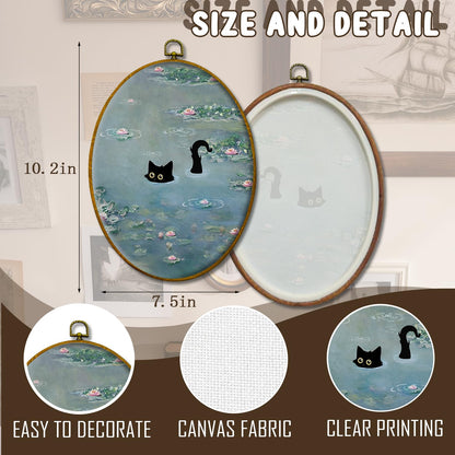 Black Cat Wall Hanging, Black Cat Among Pink Water Lilies, Evening Retro Preppy Style Animal Painting, Suitable for Living Room, Bedroom, and Bathroom Decoration, Christmas Gifts for Granddaughter, 8.5x11.2 inches