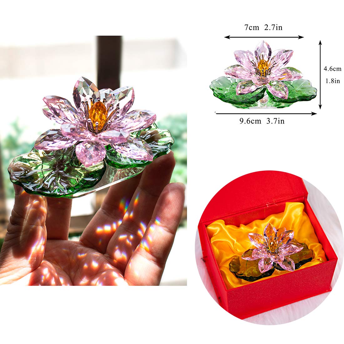 H&D HYALINE & DORA Pink Sparkle Crystal Hue Reflection Crystal Lotus Flower,Glass Home Decor for Feng Shui,Gift Boxed