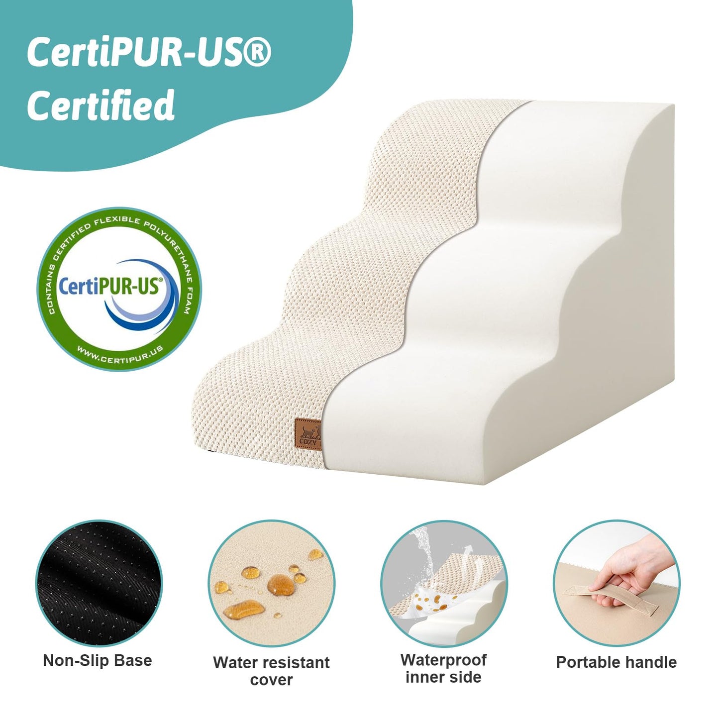 COZY KISS Dog Stairs for Small Dogs, Curved Pet Step with Leakproof Cover, High Density Foam Cat Ramp for Bed or Sofa, Lightweight, Durable, Comfort, 15.7x22.4x15.7 inch, 3 Tiers, Beige