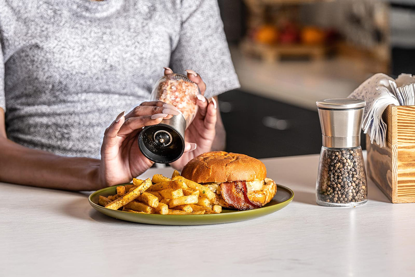 Salt and Pepper Grinder Set with Wood Tray, Manual Sea Salt, Spice and Peppercorn Mill, Glass Container, Stainless Steel Cap, Adjustable Coarseness and Refillable for Modern Farmhouse Kitchen Table
