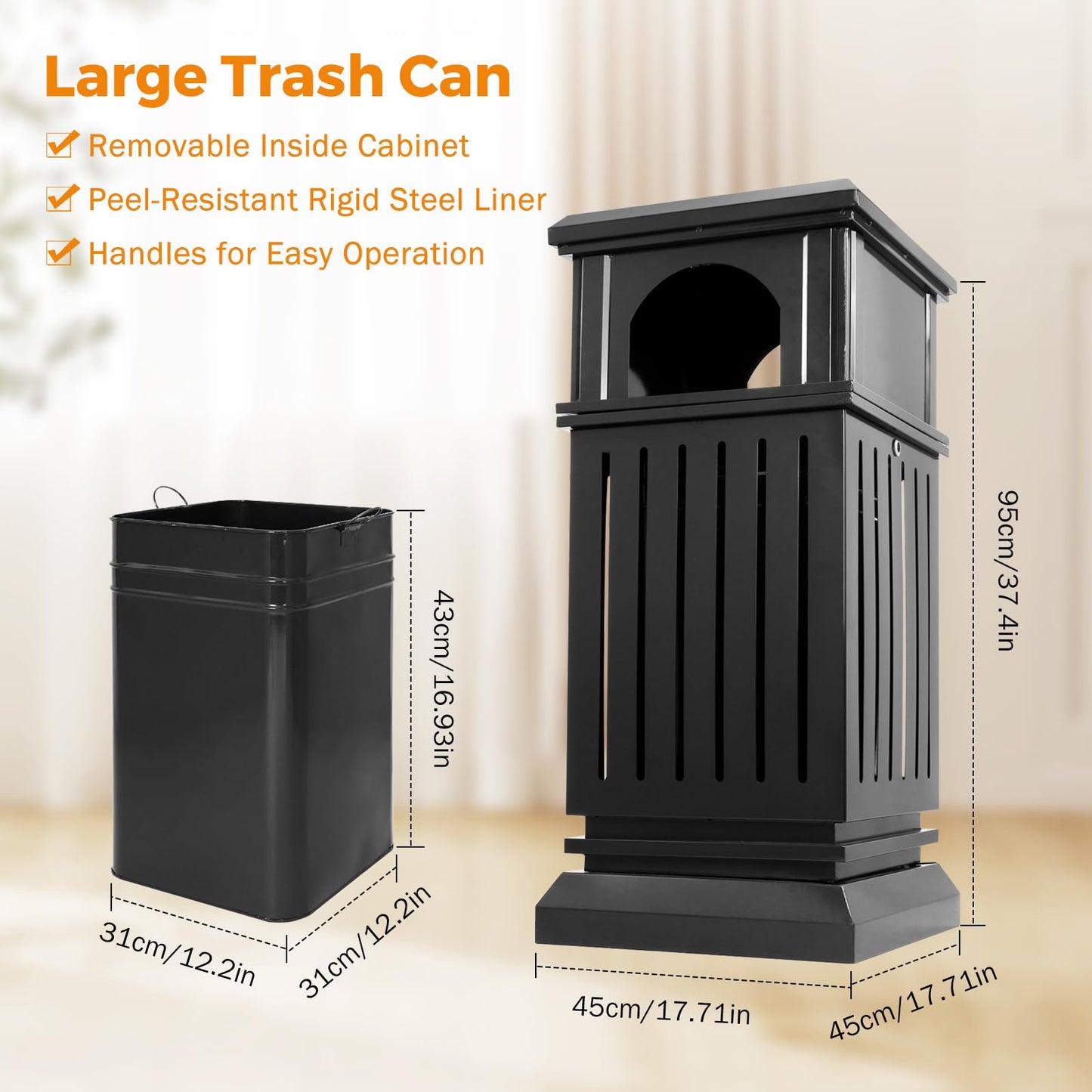BEAMNOVA Black 17.7 * 37.4 + Matte Black 15.8 * 35.5 Trash Can Outdoor Top Tray Black Stainless Steel Commercial Garbage Enclosure with Locking Lid