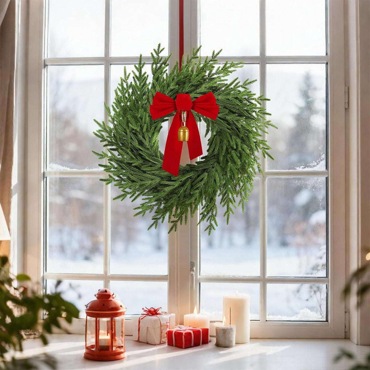 AMORISE 26" Christmas Wreath for Front Door, Artificial Wreath with Bow and Bell,Real Touch Pine Winter Wreath Christmas Decoration for Porch,Window,Wall,Thanksgiving Day Harvest Festival