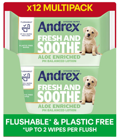 Andrex Fresh and Soothe Hygiene Wipes, 12 Packs - Flushable Toilet Wipes - Skin Kind - Contains Aloe Vera and Prebiotic Lotion- Biodegradable and Plastic-Free, FSC Certified