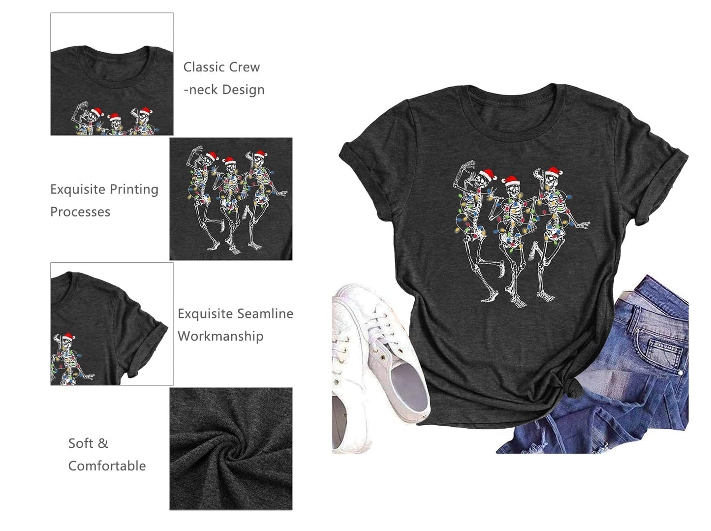Dancing Skeleton Shirt for Women Christmas T-Shirt Xmas Graphic Tees Holiday Tops Blouse Gift Gray