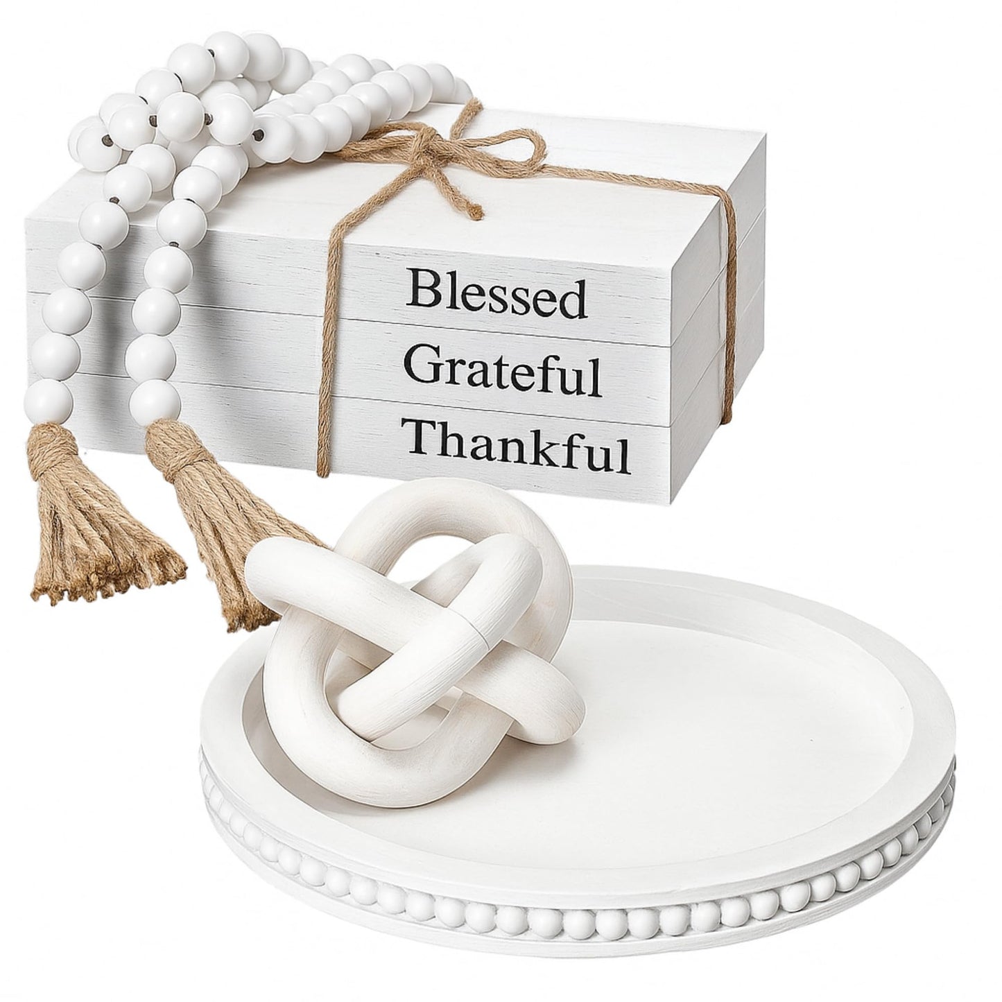 GlikCeil 6 Pcs Rustic Wooden Coffee Table Tray Decoration Set, Round Beaded Tray Wood Chain Bead Garland with Tassels and 3 Decorative Books for Farmhouse Living Room Home Decor(Thankful,White)
