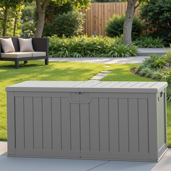 Patiowell 240 Gallon Large Outdoor Storage Box, Waterproof Deck Box with Fixed Divider, Lockable and Durable Patio Storage Solution for Patio Furniture and Garden Tools (Grey)