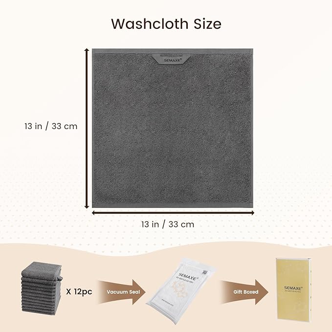 SEMAXE 100% Cotton Washcloths 12-Pack, 13 × 13 Inch Soft Luxury Face Towels –