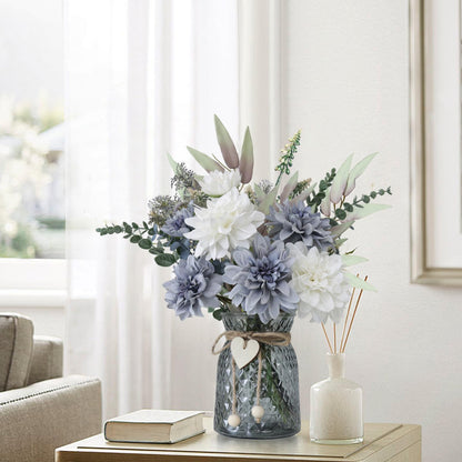 SHINFHOMF Fake Flowers in Vase,8 Dahlias,Silk Artificial Flowers in Vase,Centerpiece Table Decorations,Faux Flowers in Vase with a Flower Arrangement Holder
