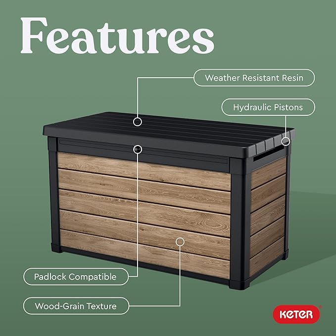 Keter Ashwood 100 Gallon Resin Deck Box Organization and Storage for Patio Furniture Outdoor Cushions, Throw Pillows, Garden Tools and Pool Toys, Brown