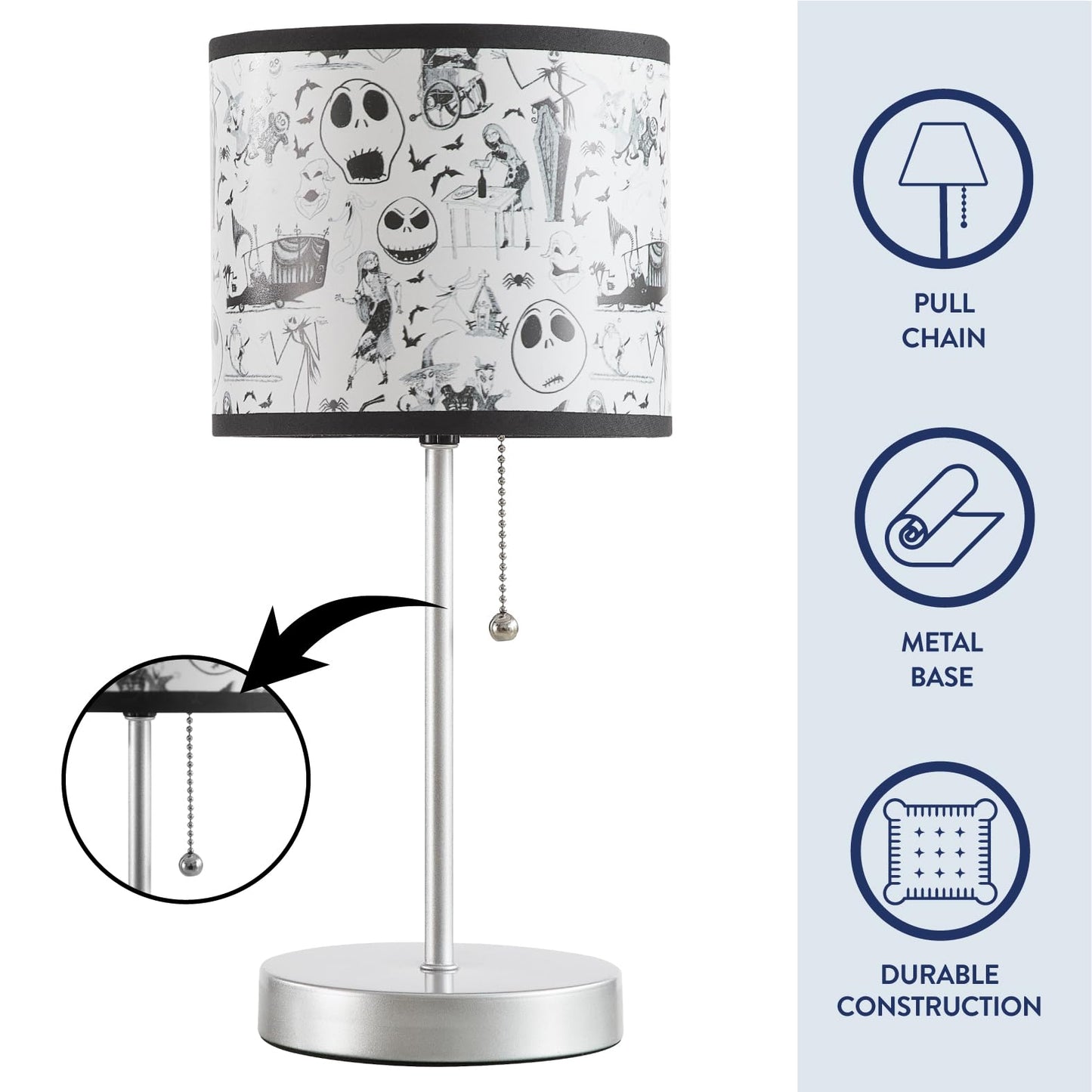 Idea Nuova Table Lamp for Kids, Stick Lamp with Printed Shade & Pull Chain, Bedroom or Nursery Nightstand Lighting,Nightmare Before Christmas