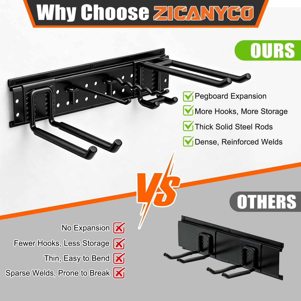 ZICANYCO Garage Tool Organizer Wall Mount 66 inches with 13 Adjustable Heavy-Duty Hooks, Garage Organization, Garden Tool Storage Rack for Garage, Yard, and Shed, Holds Up to 520 lbs