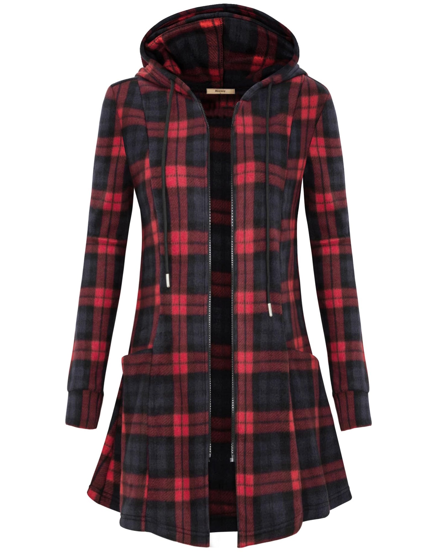 Miusey Holiday Sweaters for Women Long Zip Up Jacket Trendy Fleece Tunic Sweatshirts Christmas Full Zip Long Hoodies Red Plaid Large